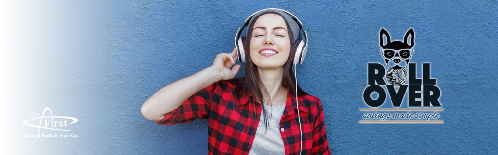 Image of girl with headphones and puppy logo for Roll Over service