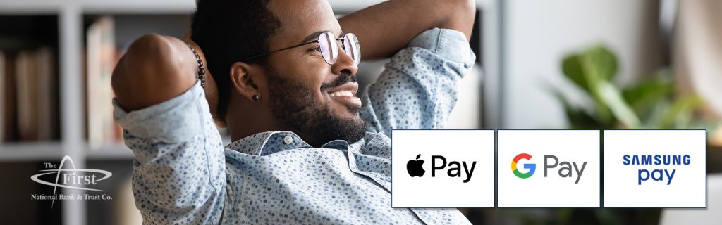 Man looks relaxed. He's staring ahead. Images of Apple Pay and Google Pay logos are visible.