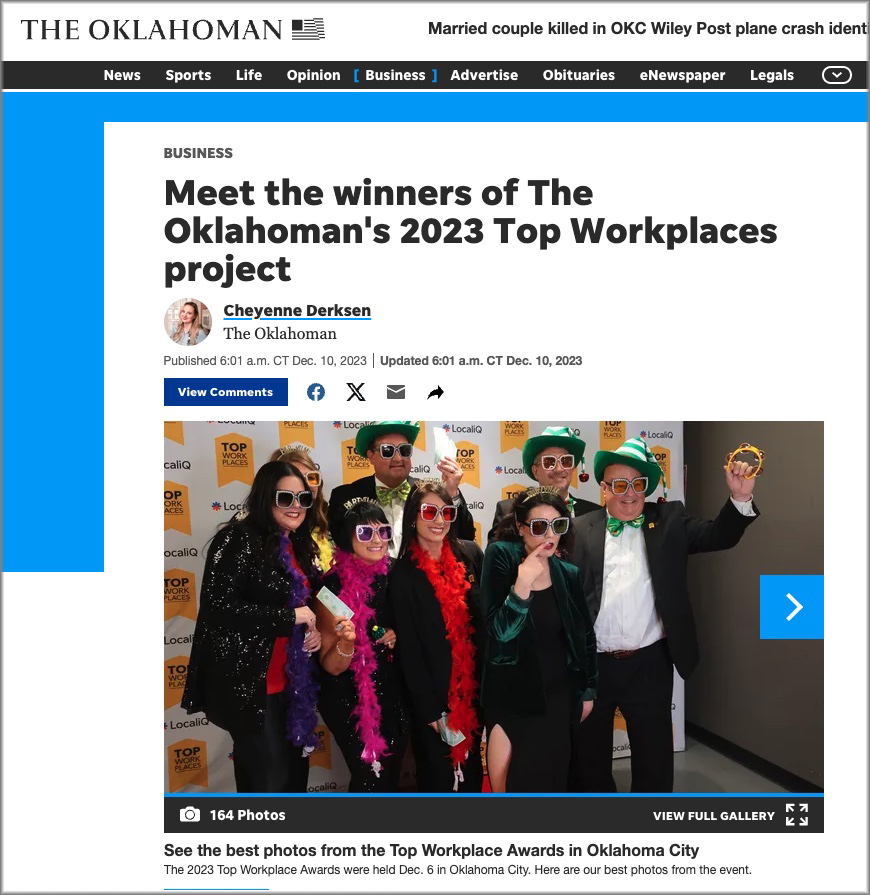 Screenshot from The Oklahoman shows FNBT baners receiving award.